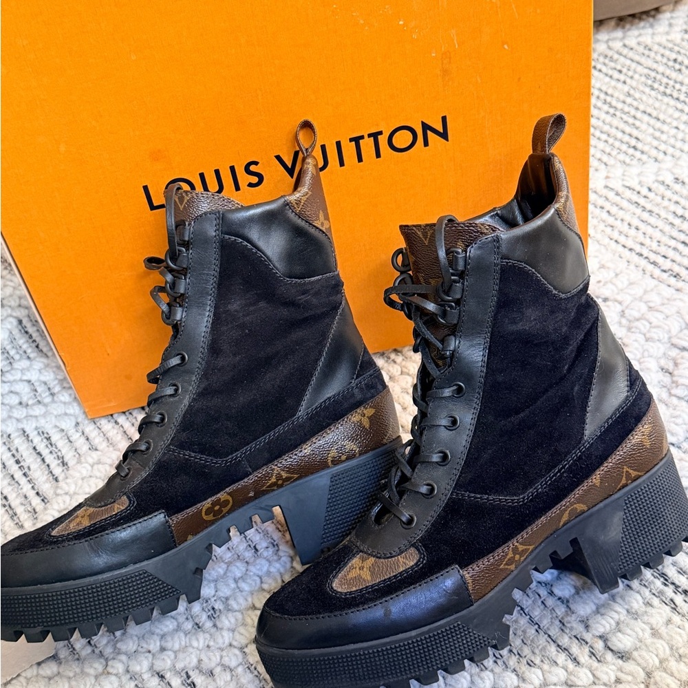 Louis Vuitton Black and Brown Monogram Lace-Up Boots